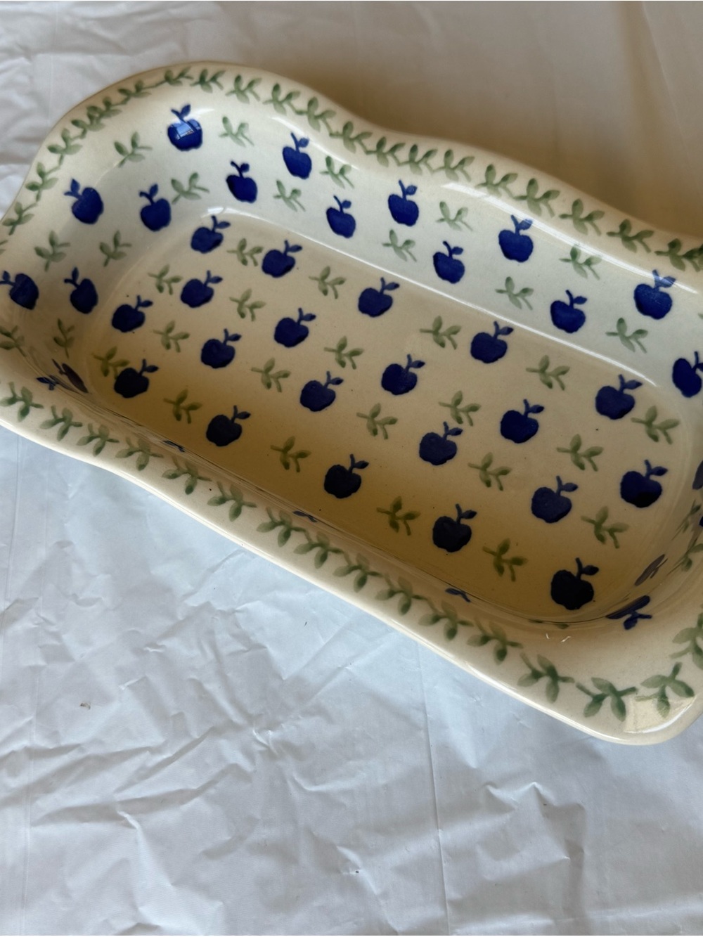Vintage Polish Pottery Blue Apple Pattern Ceramic Serving Platter - White